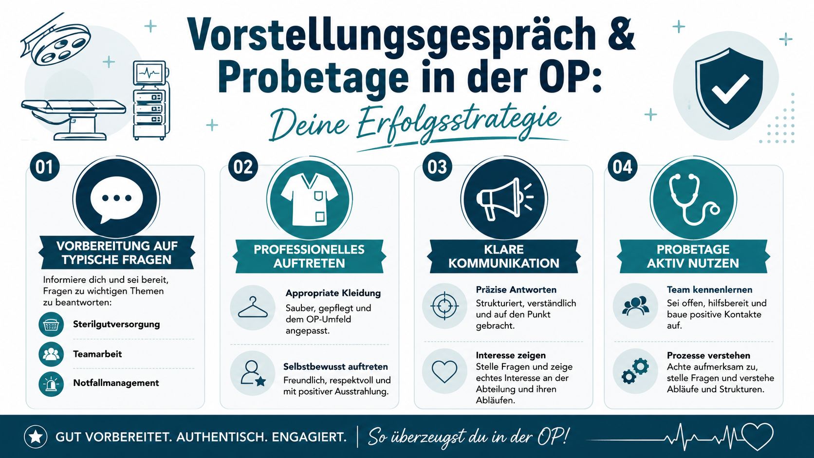 Infografik mit Tipps für ein Vorstellungsgespräch und Probetage im OP-Bereich für medizinisches Personal.
