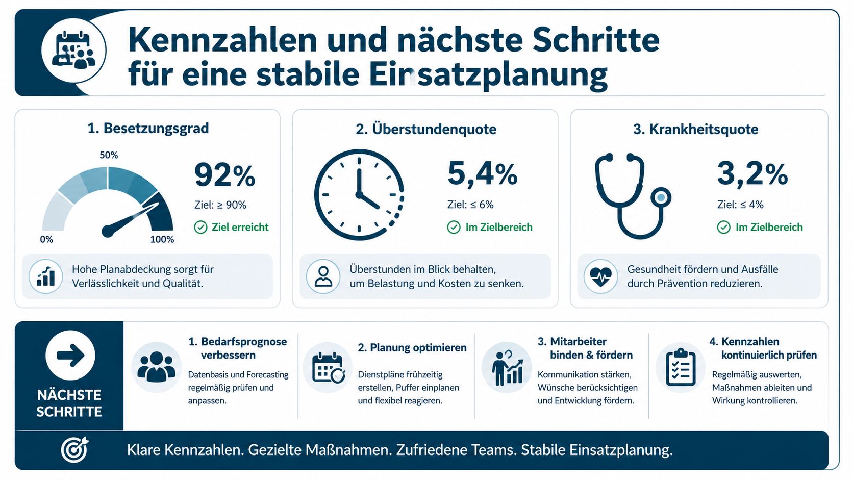 Infografik zur operativen Personalplanung mit Kennzahlen für Besetzungsgrad, Überstunden und Krankheitsquote sowie konkreten nächsten Schritten.