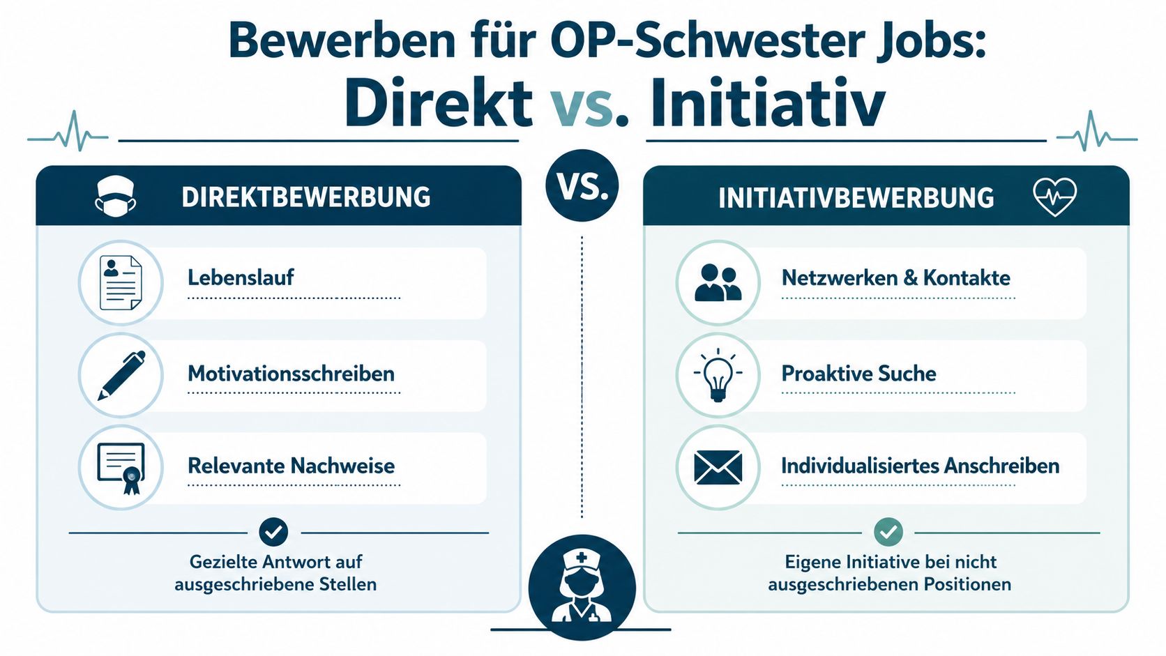 Vergleichsgrafik zwischen Direktbewerbung und Initiativbewerbung für Stellenangebote als OP-Schwester im Gesundheitswesen.