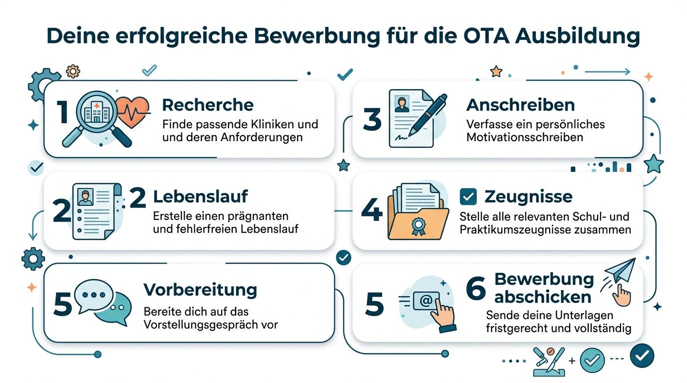 Infografik mit sechs Schritten zur erfolgreichen Bewerbung für eine OTA-Ausbildung im Krankenhaus.