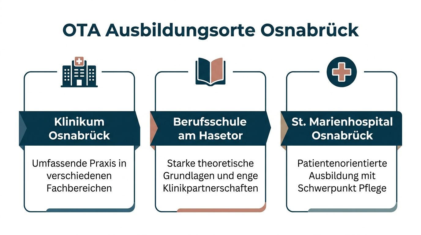 Drei Ausbildungsorte für die OTA-Ausbildung in Osnabrück: Klinikum, Berufsschule am Hasetor und St. Marienhospital mit kurzen Erklärungen.