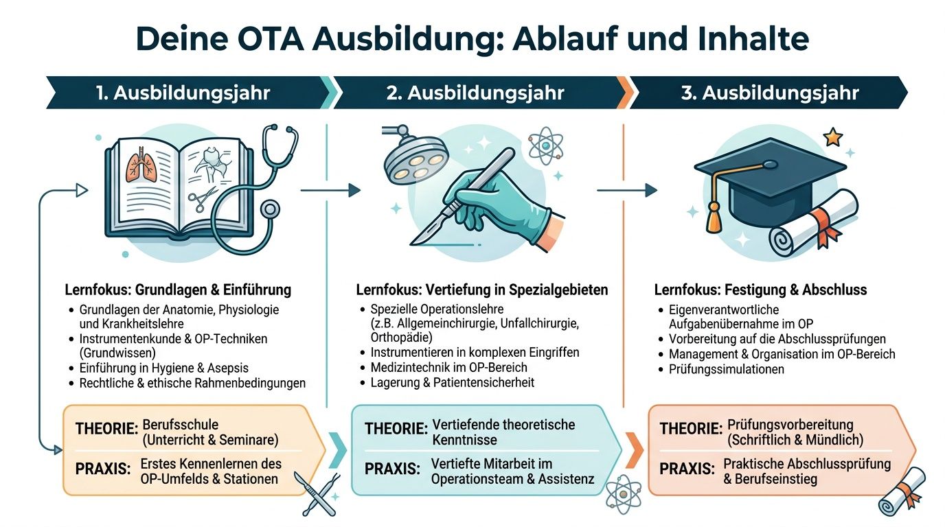 Übersicht des dreijährigen Ablaufs und der inhaltlichen Schwerpunkte einer OTA Ausbildung mit theoretischen und praktischen Ausbildungsinhalten.