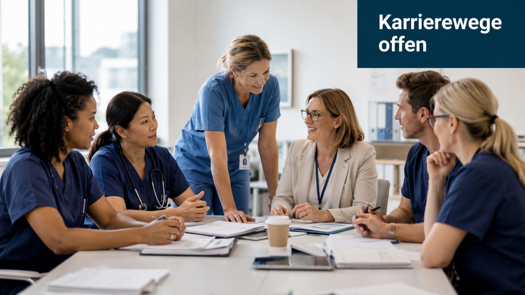 Ein diverses Team von Pflegekräften und eine Vorgesetzte bei einer beruflichen Besprechung im Krankenhaus.