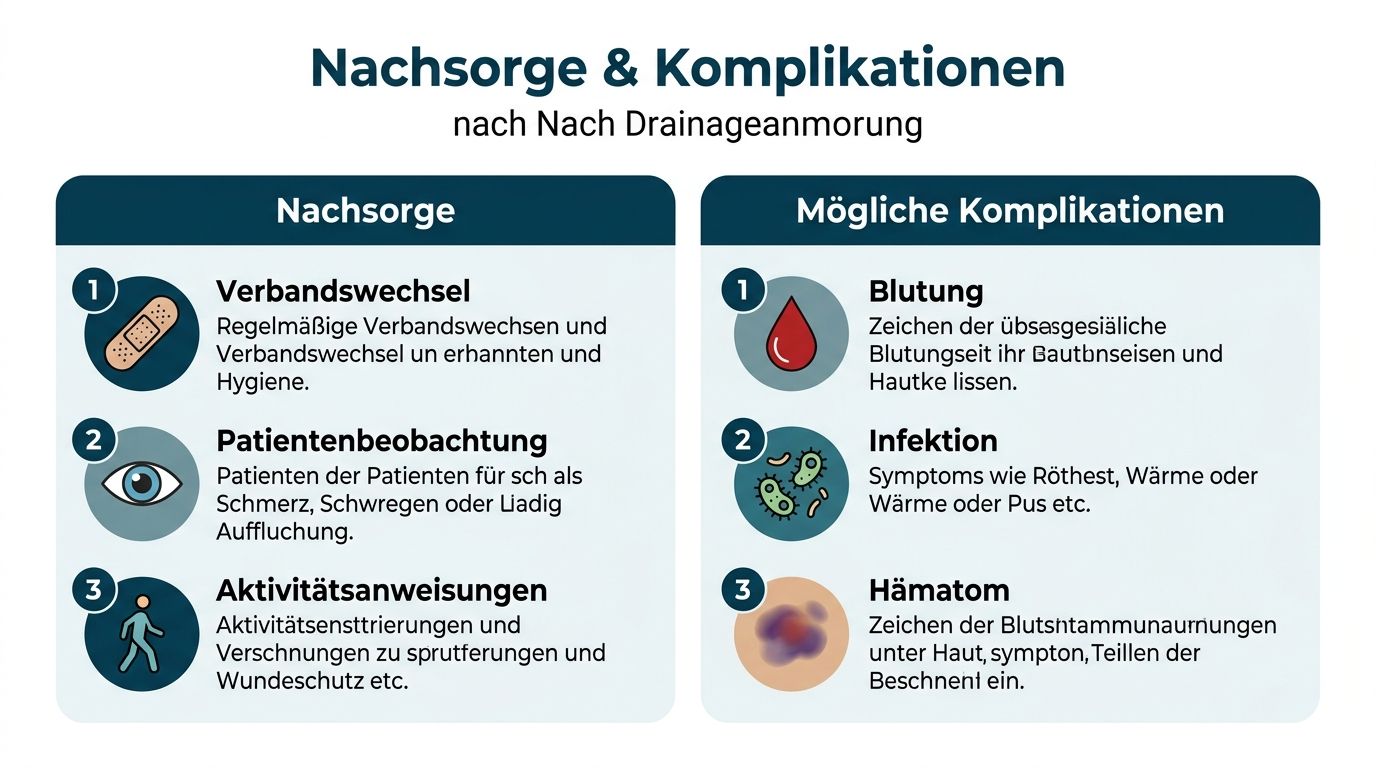 Eine Infografik zur Nachsorge und möglichen Komplikationen nach dem Ziehen einer Wunddrainage in einer medizinischen Umgebung.