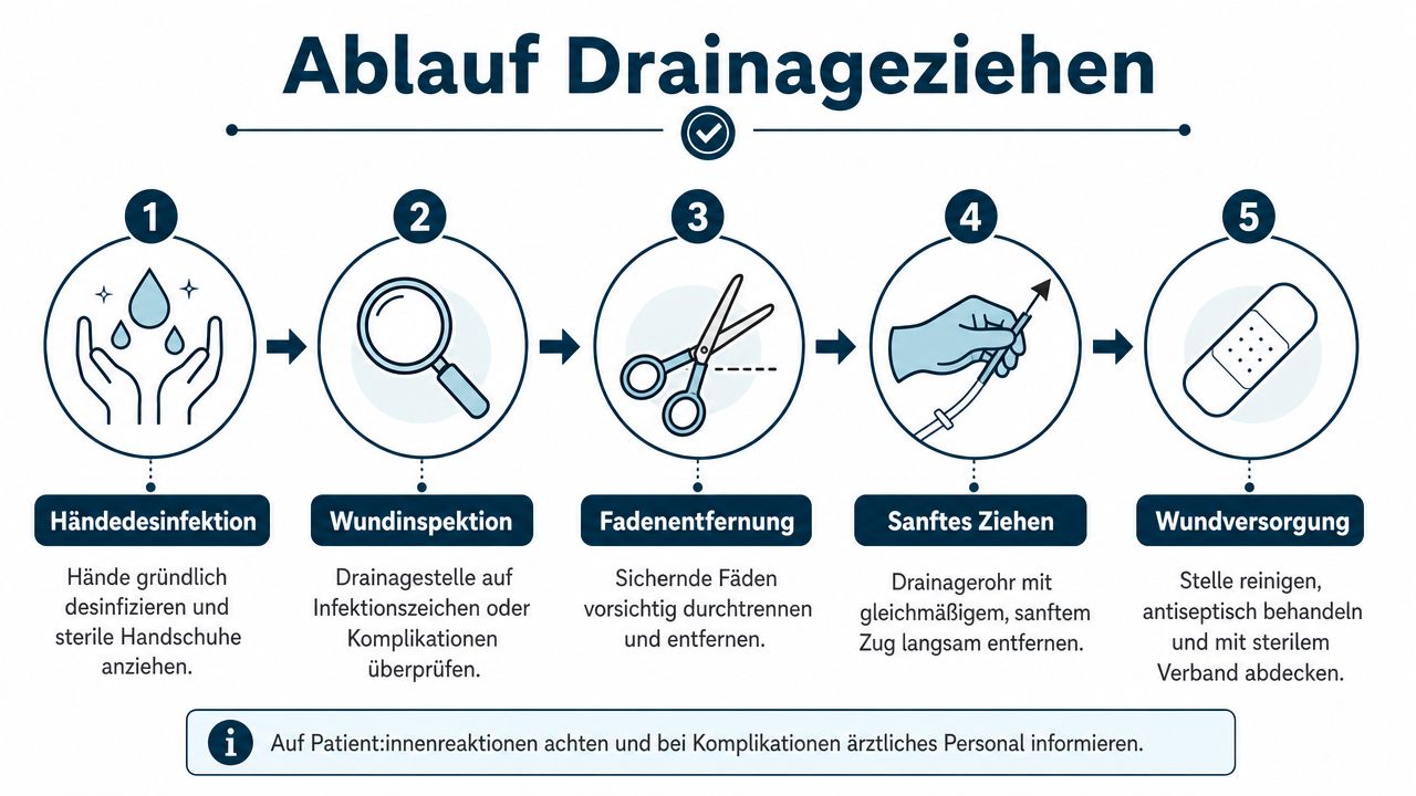 Eine Infografik erklärt die fünf Schritte zum sicheren Ziehen einer Wunddrainage in einer medizinischen Umgebung.