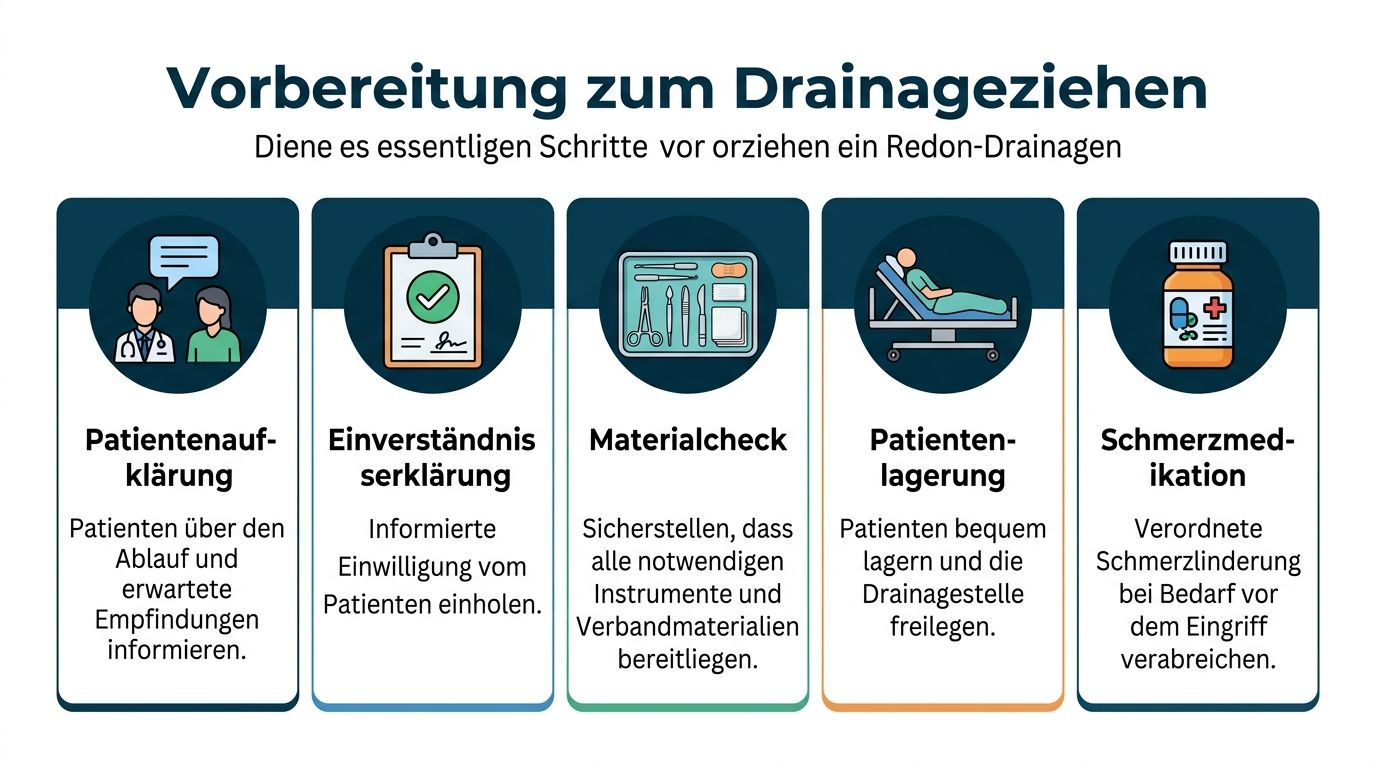 Infografik zur Vorbereitung auf das Ziehen einer Redon-Drainage mit fünf wesentlichen Schritten für medizinisches Fachpersonal.