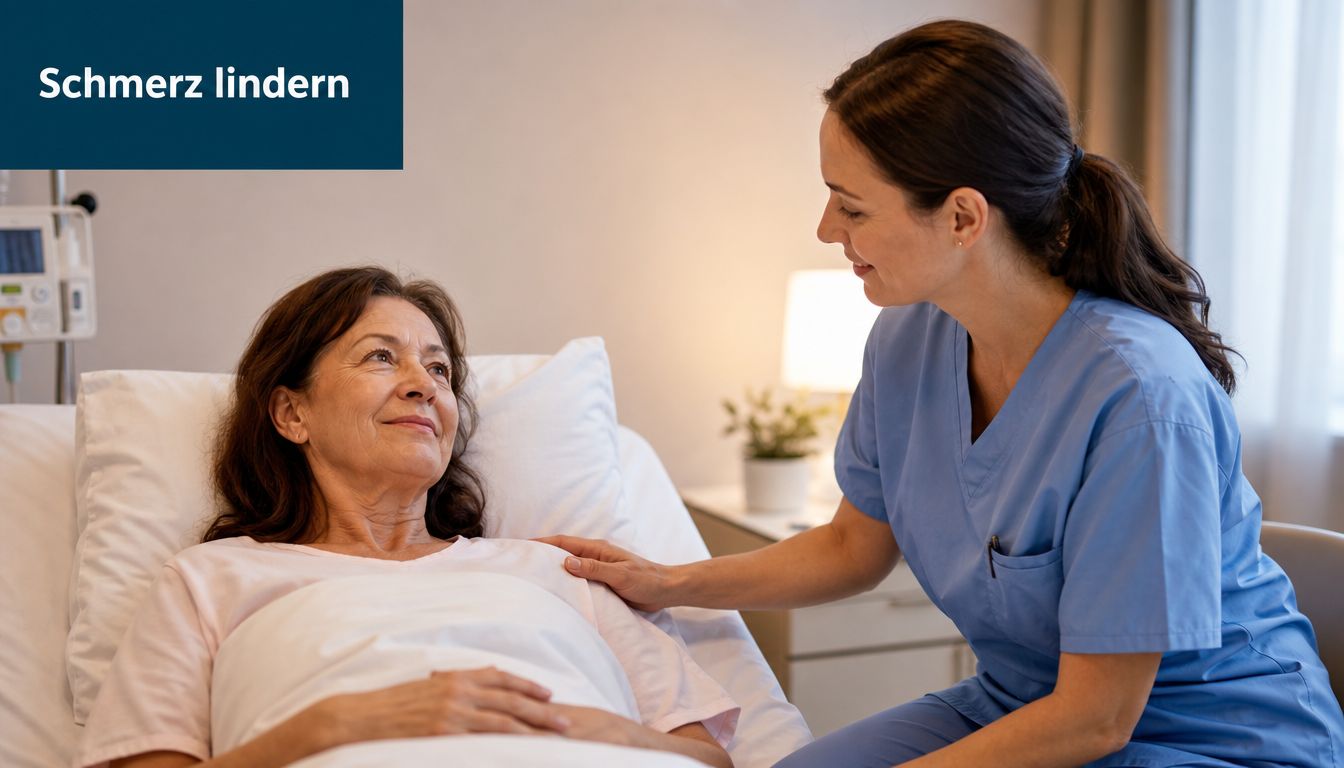 Eine freundliche Pflegekraft tröstet eine ältere Patientin, die in einem Krankenhausbett liegt und sanft angelächelt wird.