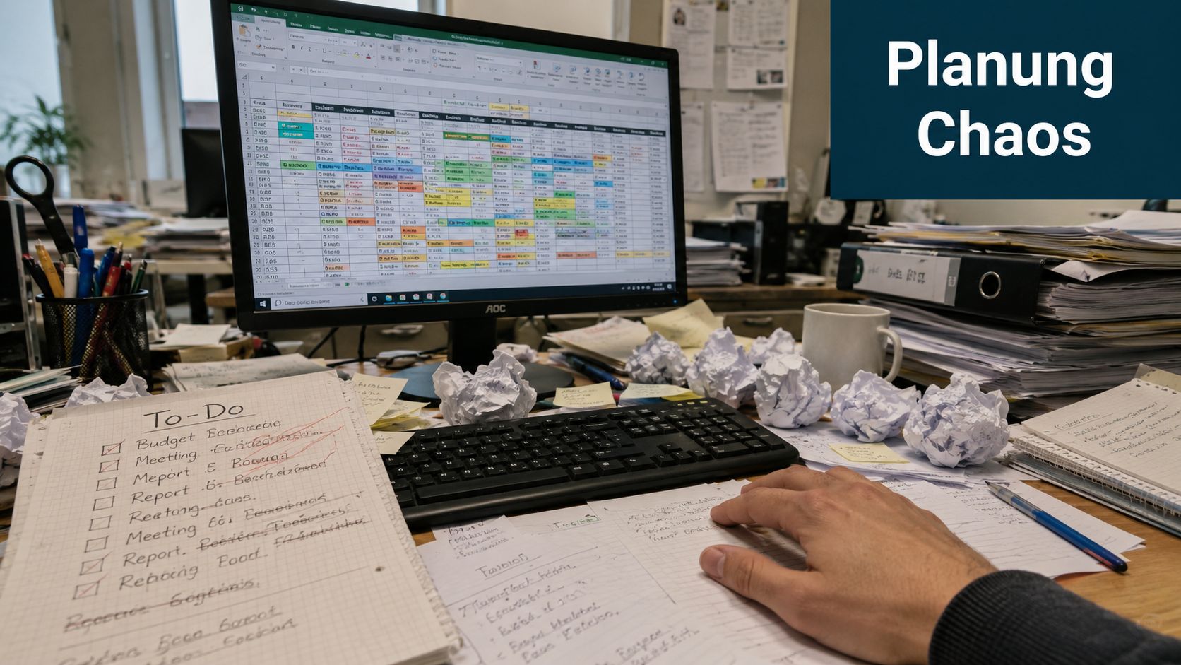 Ein unordentlicher Schreibtisch mit einem Computerbildschirm, der einen komplizierten Dienstplan zeigt, umgeben von Papierkram und Notizen.