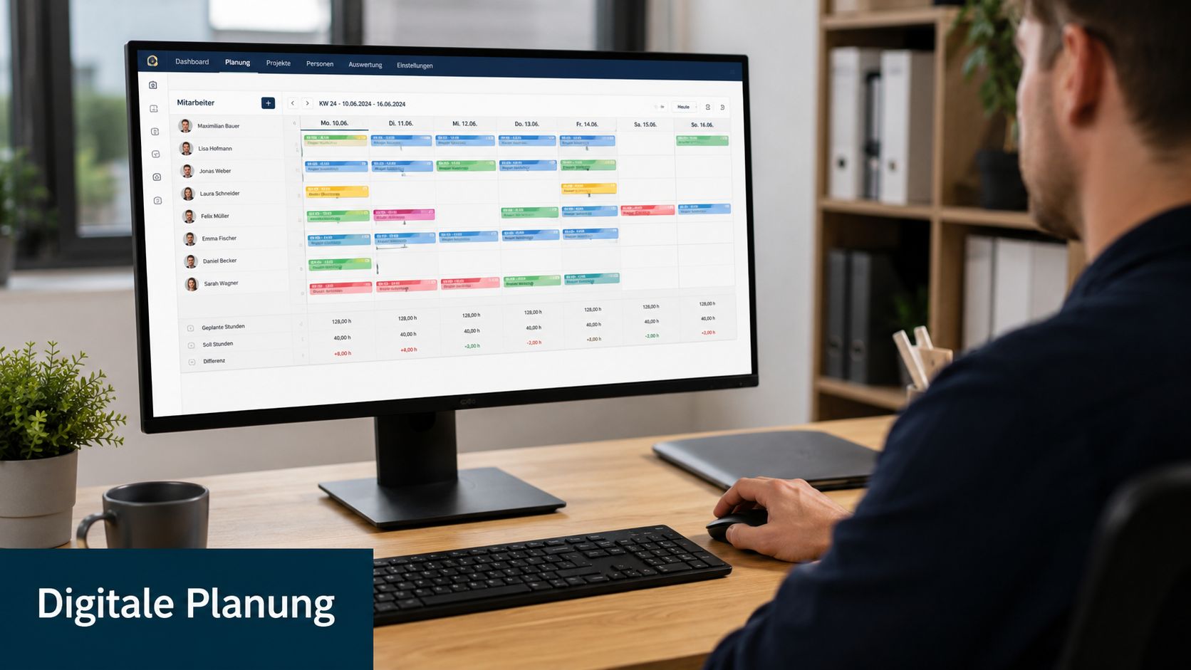 Ein Mann sitzt vor einem Monitor, der ein digitales Programm zur Dienstplangestaltung für Mitarbeiter anzeigt.