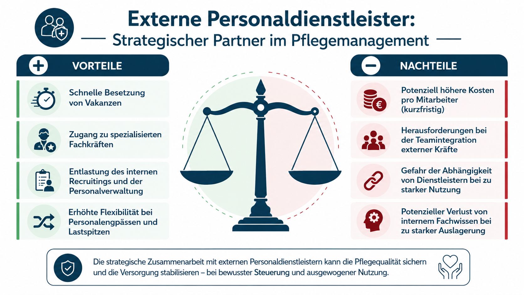 Infografik über Vor- und Nachteile externer Personaldienstleister im strategischen Pflegemanagement bei Personaleinsatz und Fachkräftemangel.