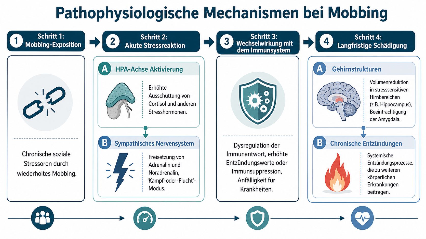 Infografik über die pathophysiologischen Mechanismen von Mobbing und dessen Auswirkungen auf Gehirn, Stressreaktion und das Immunsystem.