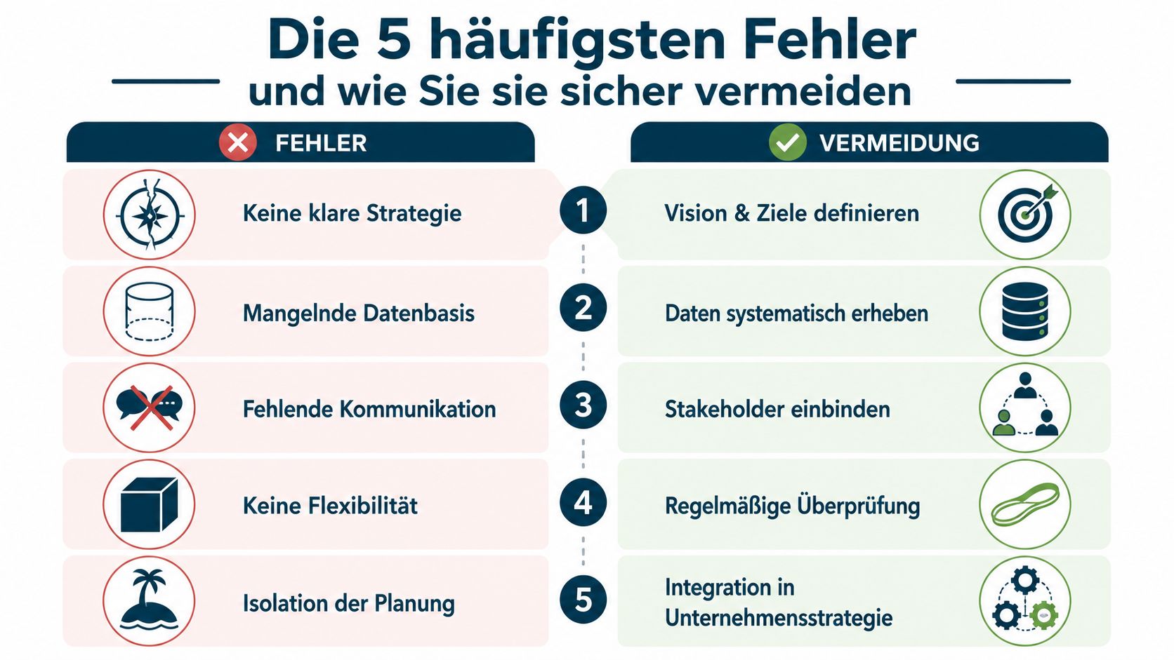 Grafik mit den 5 häufigsten Fehlern in der strategischen Personalplanung und dazugehörigen Lösungen für eine erfolgreiche Umsetzung.