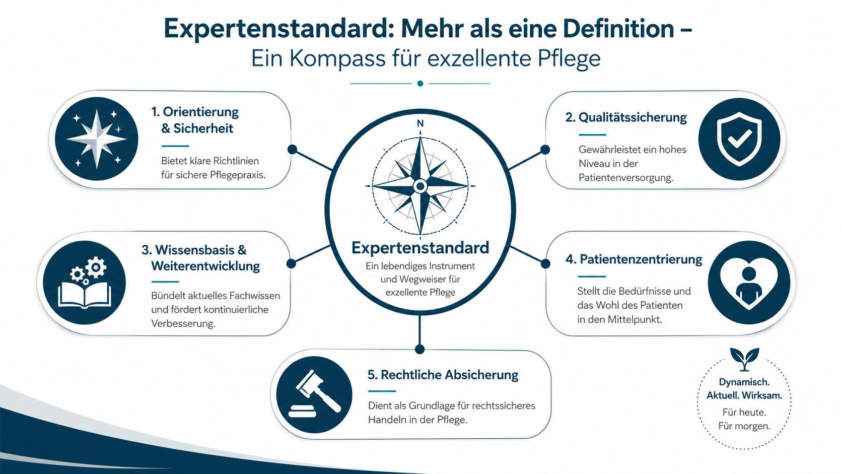Grafik zur Bedeutung von Expertenstandards in der Pflege als Orientierungshilfe für exzellente Patientenversorgung und rechtliche Absicherung.