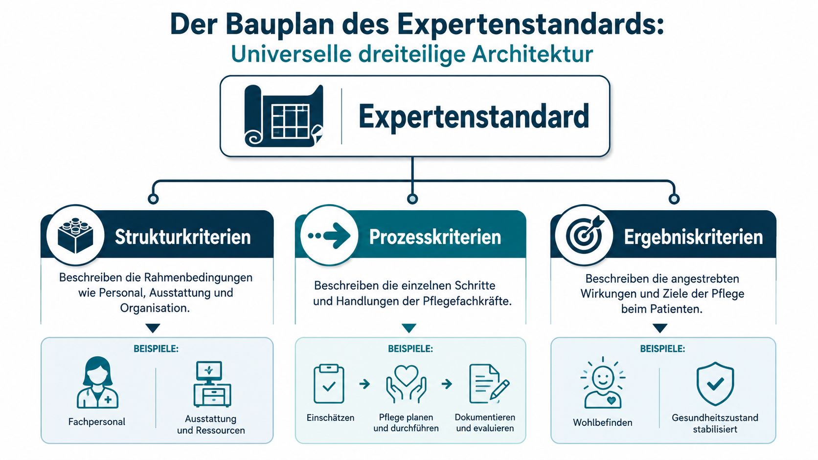 Grafische Darstellung der dreiteiligen Architektur des Expertenstandards mit Struktur-, Prozess- und Ergebniskriterien für die professionelle Pflege.