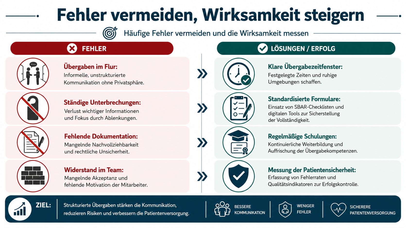 Infografik zur Verbesserung der Übergaben in der Pflege durch Fehlervermeidung und strukturierte Kommunikationsprozesse.