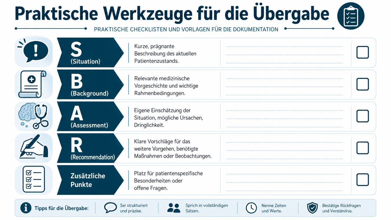 Eine Infografik zur strukturierten SBAR-Übergabe in der Pflege, die als hilfreiches Instrument für medizinisches Fachpersonal dient.
