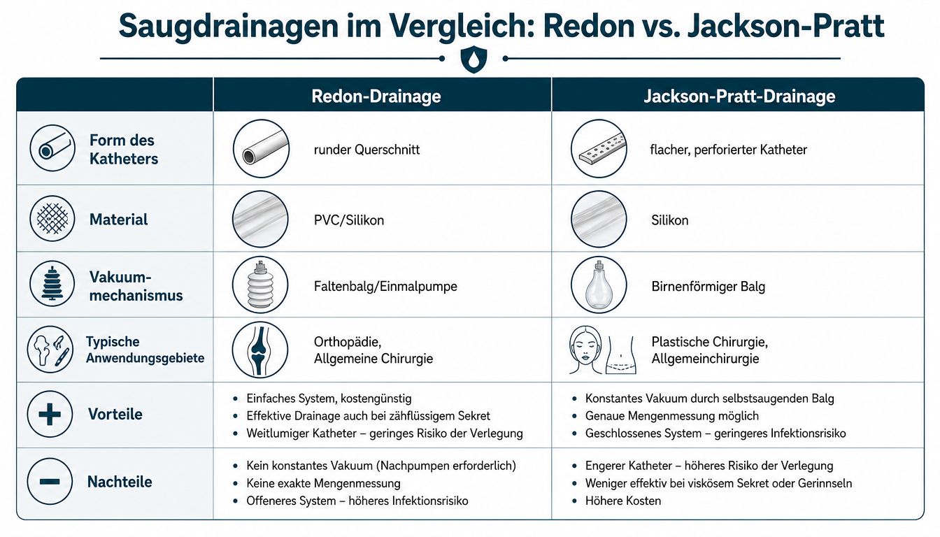 Vergleichstabelle zwischen Redon-Drainage und Jackson-Pratt-Drainage mit Informationen zu Form, Material, Vakuumsystem und medizinischen Einsatzgebieten.