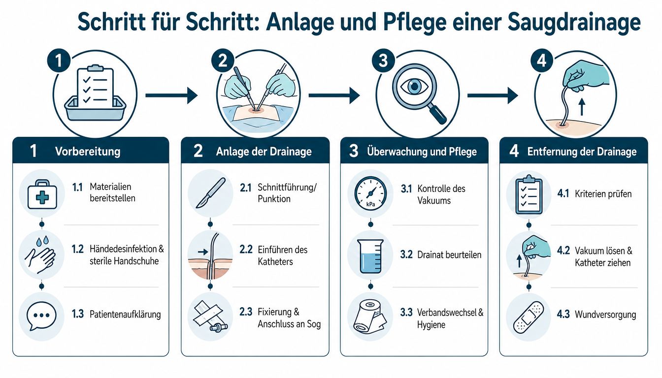 Eine Infografik zeigt die vier Schritte zur Anlage und Pflege einer Saugdrainage in einer medizinischen Umgebung.