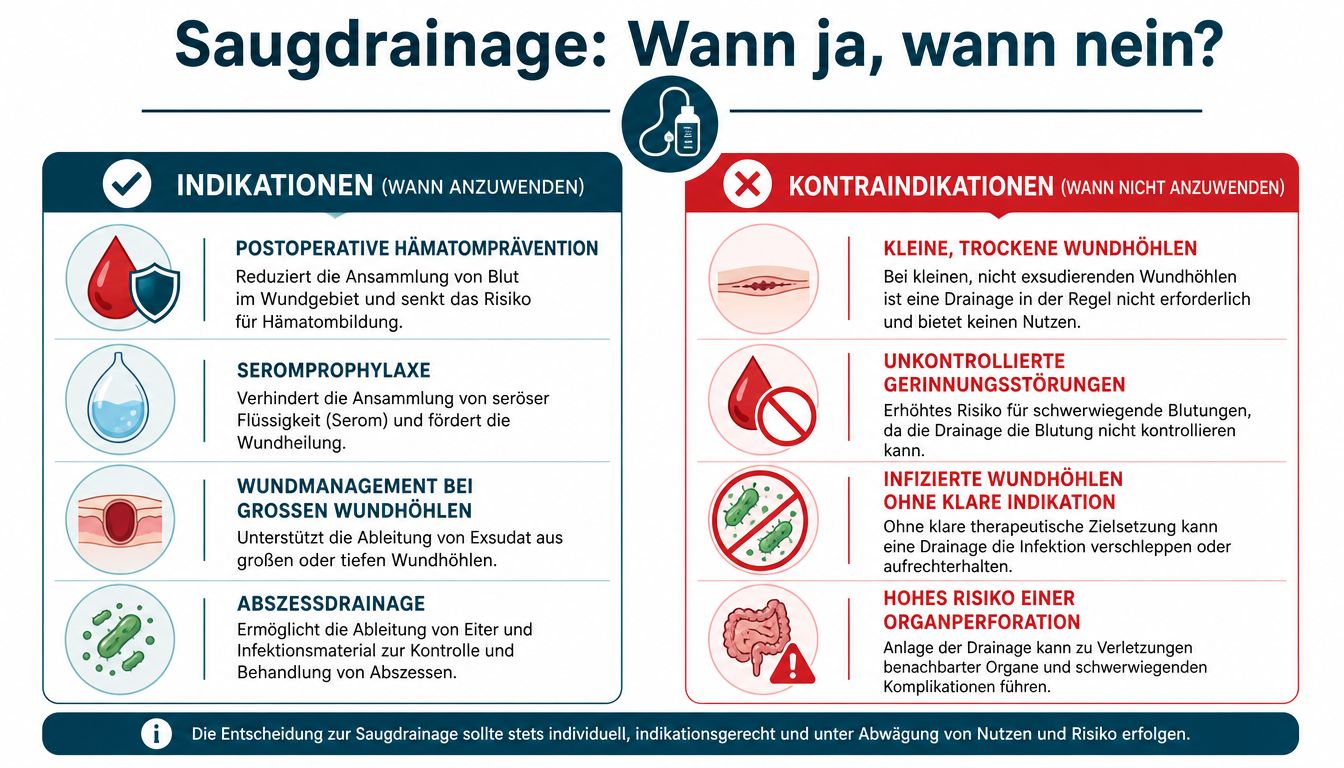 Eine Infografik erklärt die medizinischen Indikationen und Kontraindikationen für die Anwendung von Saugdrainagen bei Wunden.
