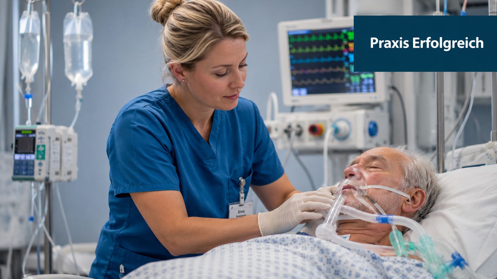 Eine Krankenschwester betreut einen älteren Patienten mit Beatmungsmaske auf einer intensivmedizinischen Station im Krankenhaus.