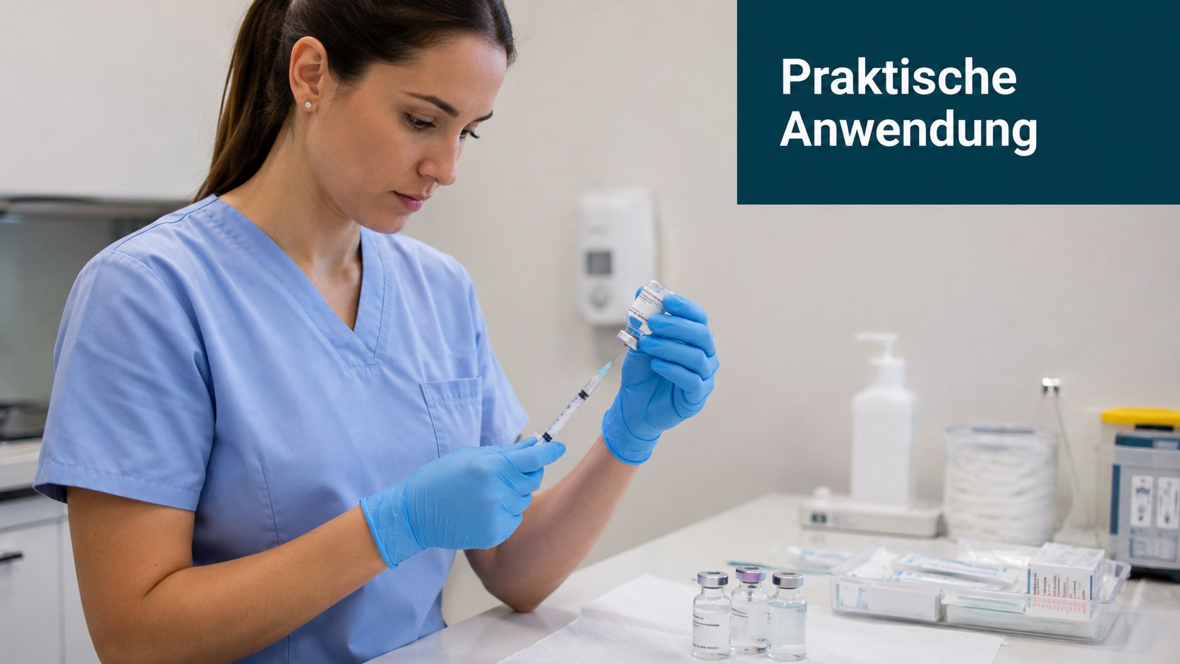 Eine medizinische Fachkraft in blauer Arbeitskleidung zieht mit einer Spritze Medikamente aus einer kleinen Glasampulle auf.