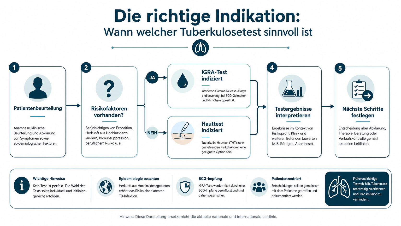 Ein Infografik-Flussdiagramm zur Auswahl des richtigen Tuberkulosetests basierend auf individuellen Risikofaktoren und klinischen Leitlinien.