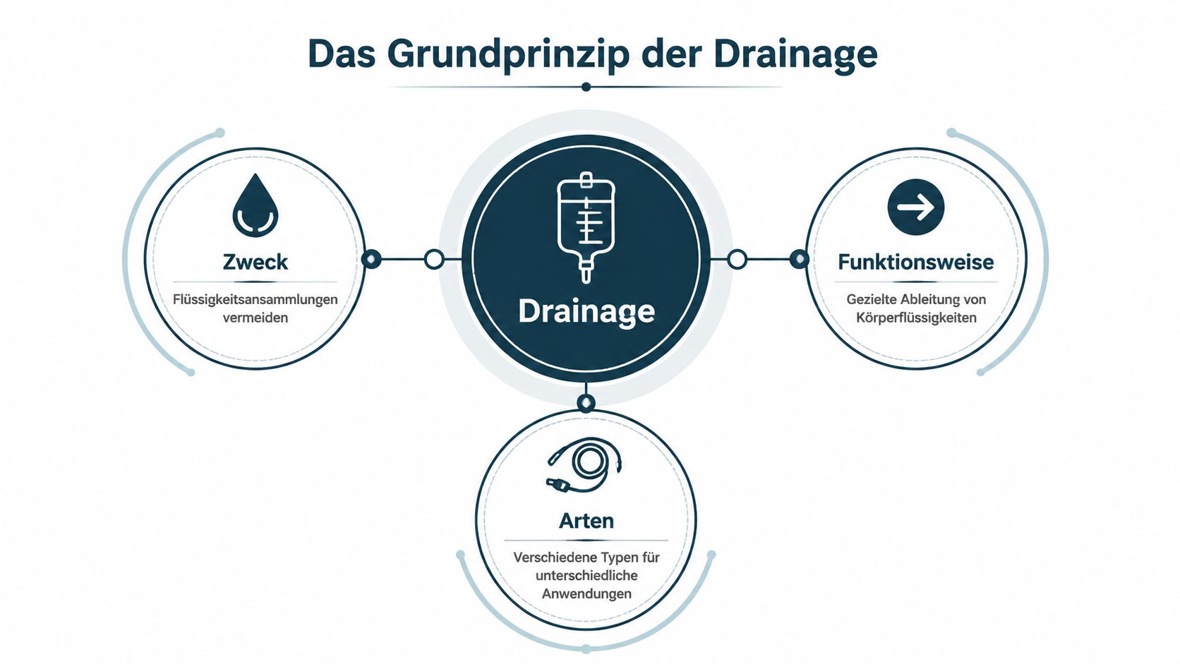 Eine Infografik erklärt die Grundlagen der medizinischen Drainage mit Fokus auf Zweck, Funktionsweise und verschiedenen Arten.