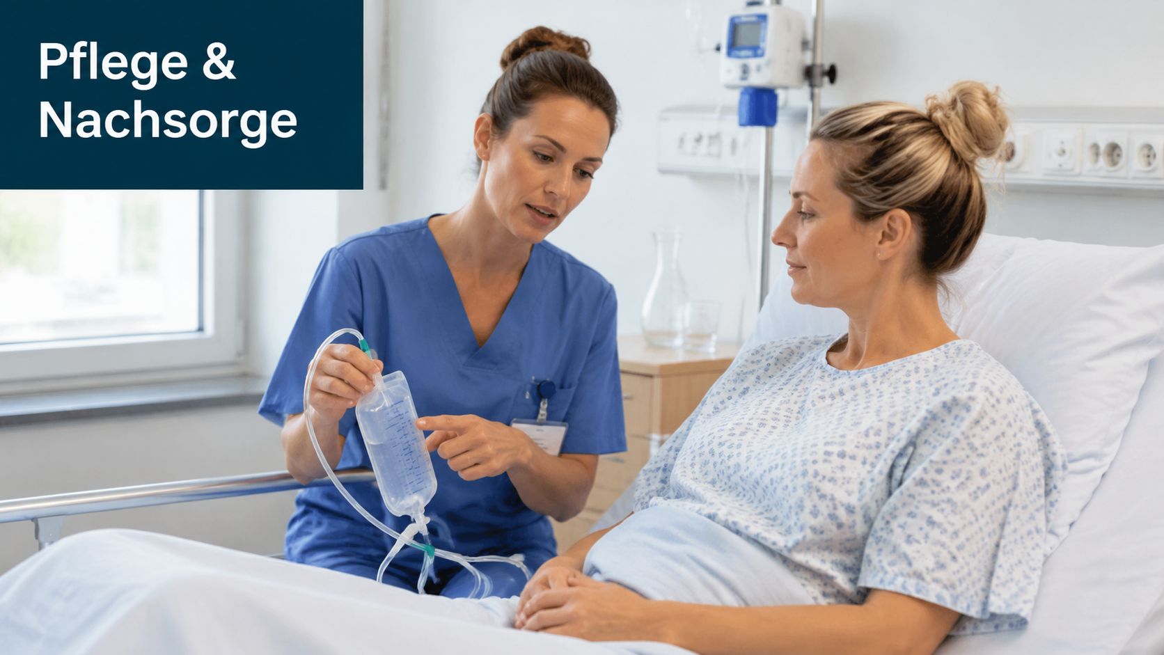 Eine Krankenschwester zeigt einer Patientin in einem Krankenhausbett eine medizinische Drainageflasche zur Überwachung der Heilung.