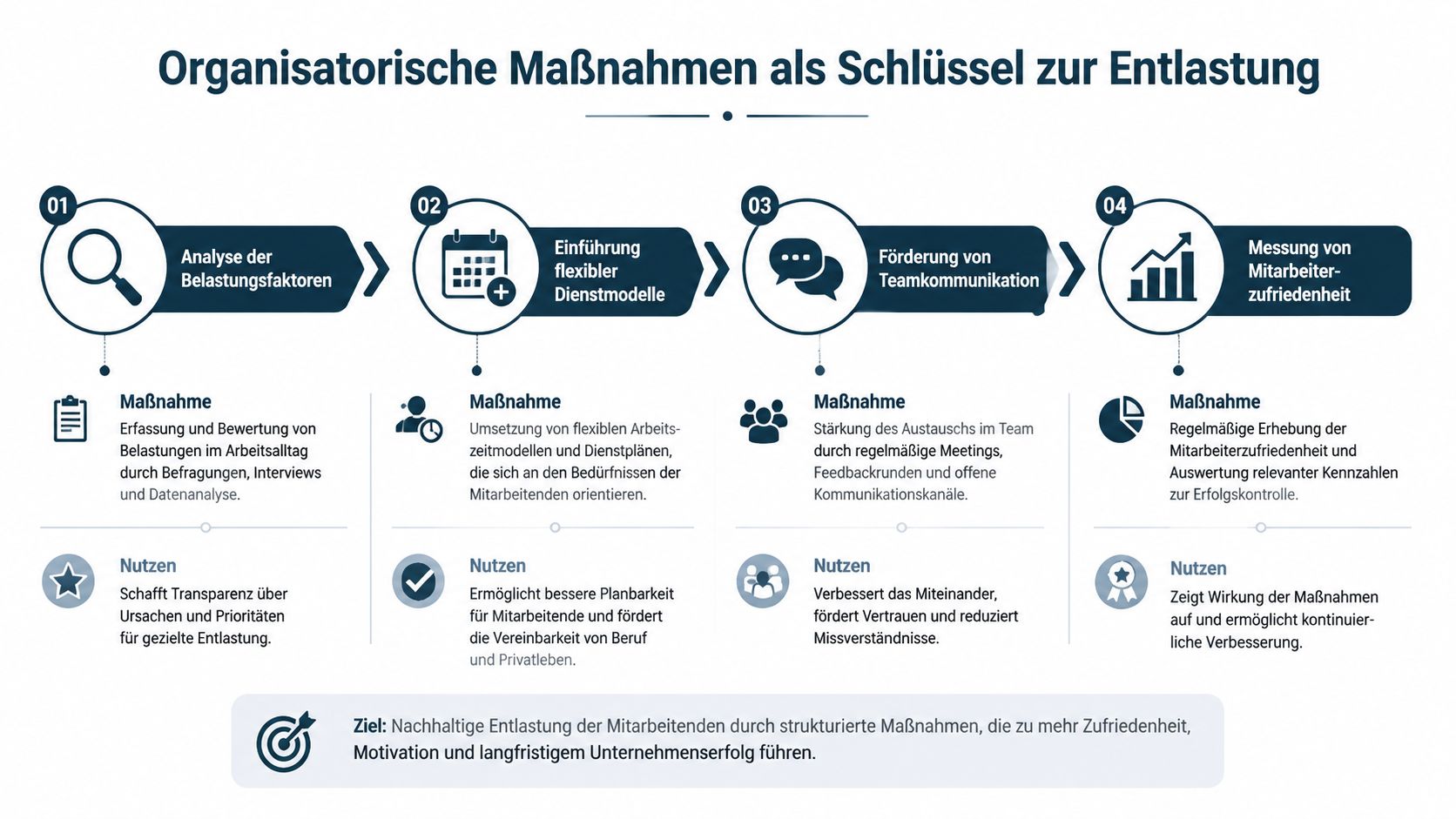 Eine Infografik über organisatorische Maßnahmen zur Entlastung von Mitarbeitenden in der Pflege und anderen Arbeitsbereichen.