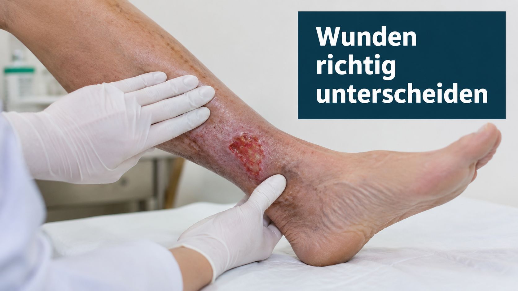 Eine Pflegekraft mit Handschuhen begutachtet eine chronische Unterschenkelwunde bei einem Patienten in einer medizinischen Einrichtung.