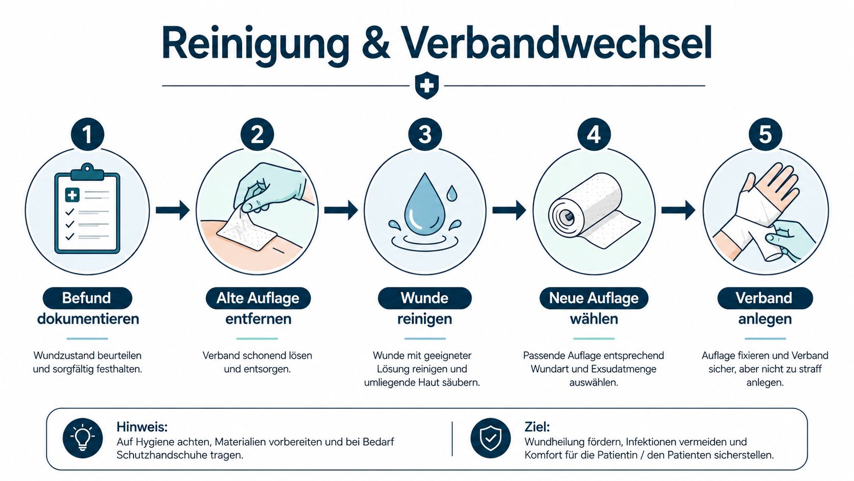 Eine Infografik erklärt die fünf Schritte der professionellen Wundversorgung und des Verbandswechsels für die Pflege.