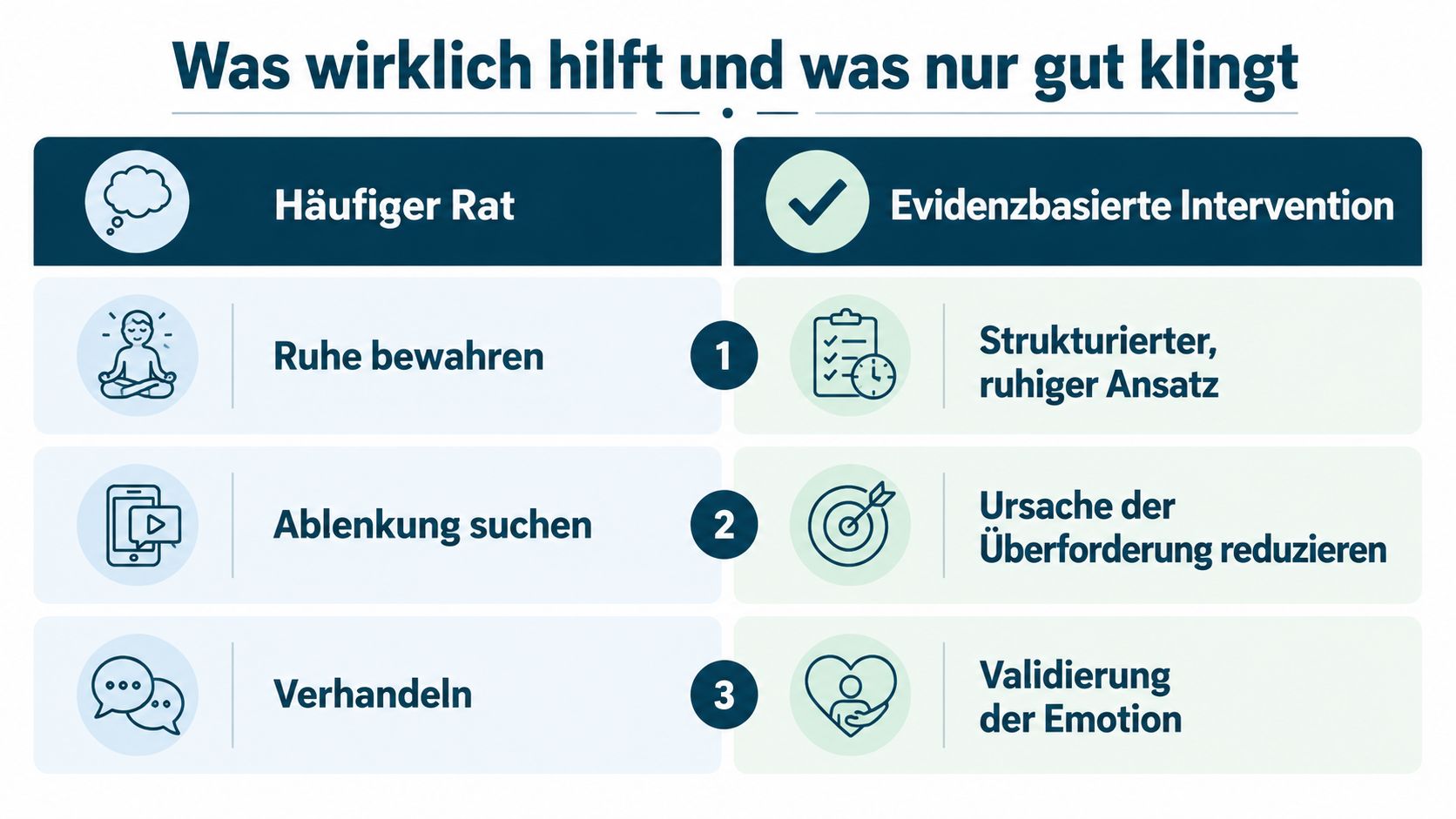 Grafik zum Vergleich von häufigen Ratschlägen und evidenzbasierten Interventionen beim Umgang mit aggressivem Verhalten bei Demenz.