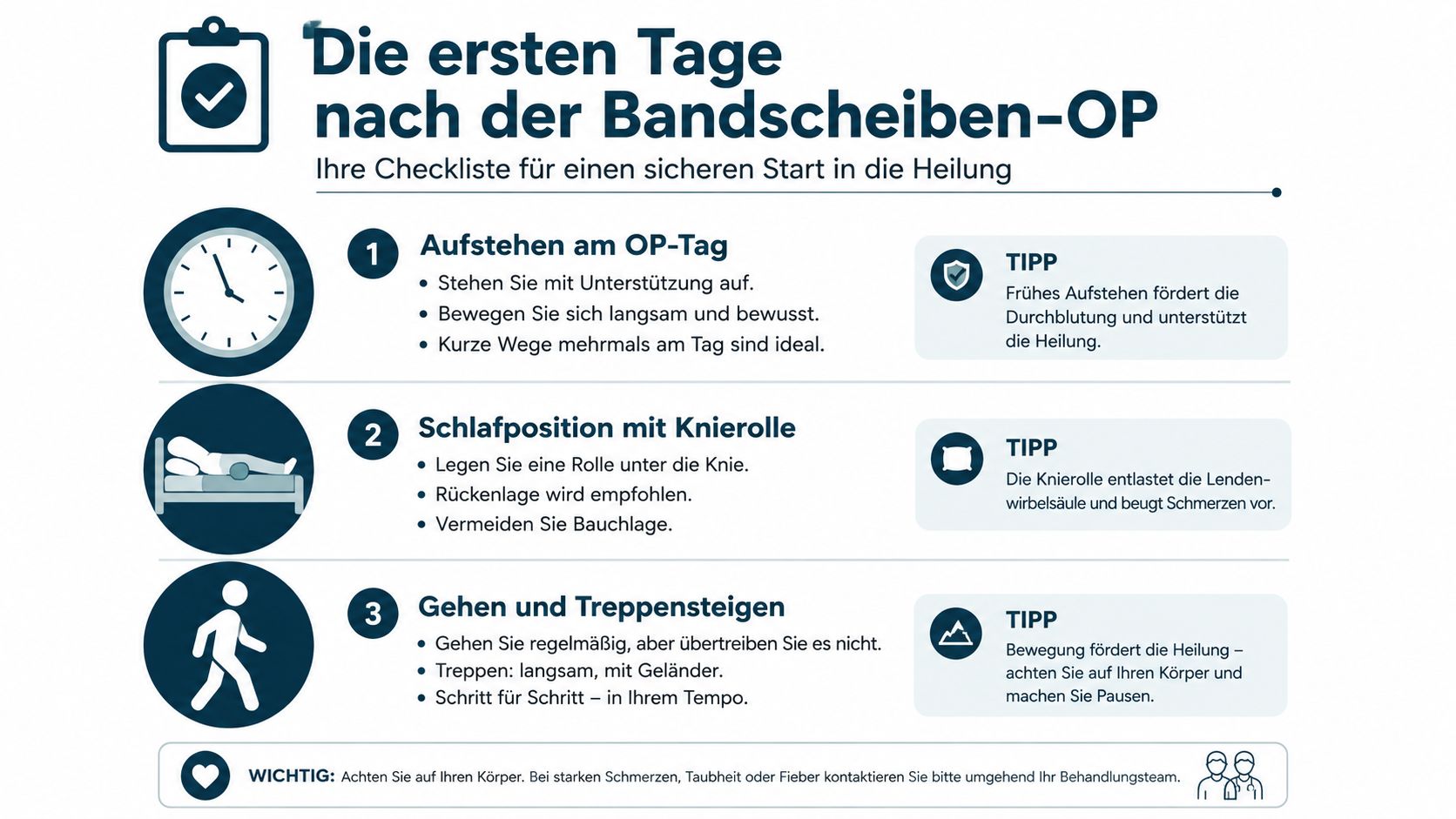 Eine informative Checkliste für Patienten zur richtigen Verhaltensweise nach einer Bandscheibenoperation für eine sichere Heilung.