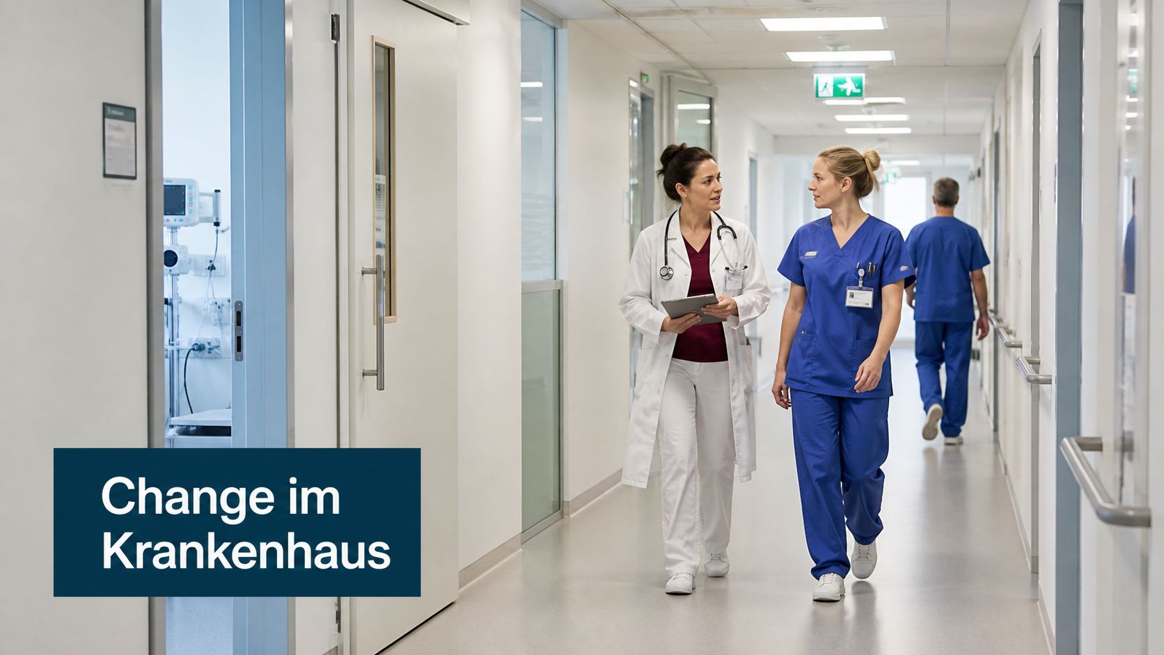 Eine Ärztin und eine Krankenschwester gehen durch einen Krankenhausflur und unterhalten sich während ihrer täglichen Arbeit.
