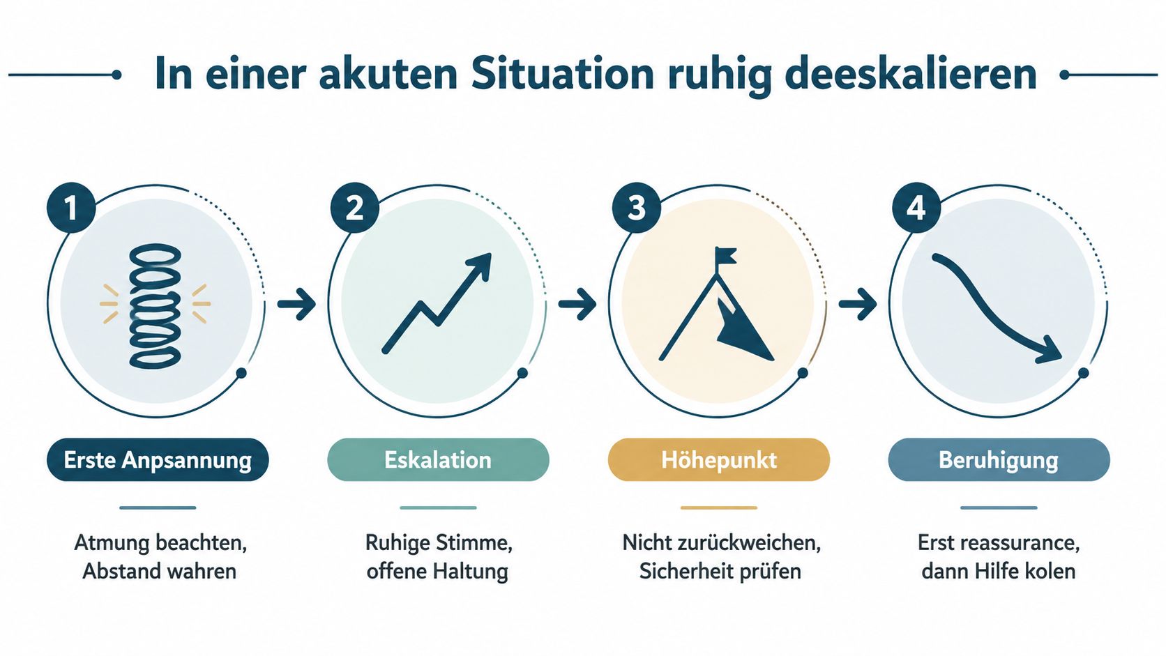 Grafik zur Deeskalation in akuten Situationen mit vier Schritten von Anspannung bis zur Beruhigung.