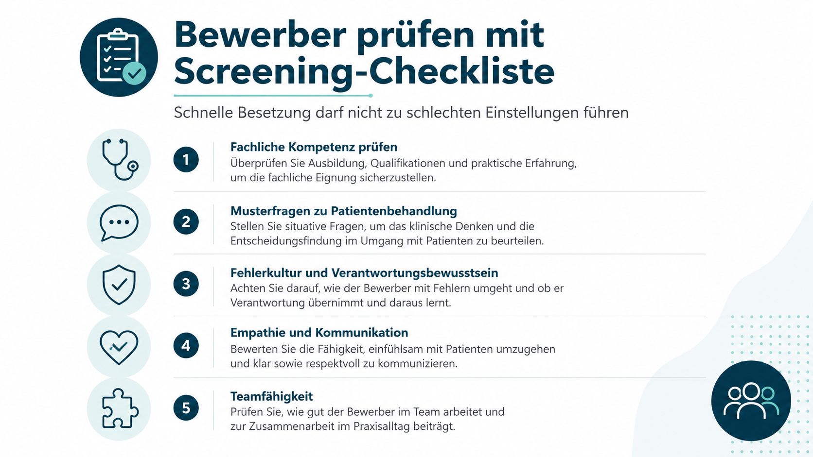 Checkliste für Arbeitgeber zur systematischen Überprüfung und Auswahl von neuen medizinischen Fachkräften und Personal für Praxen.