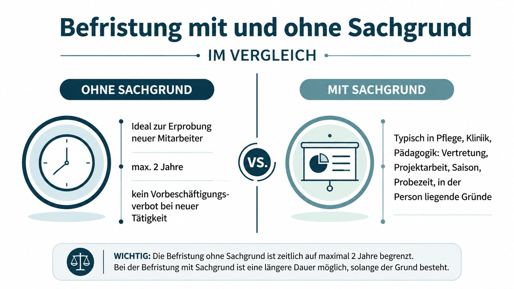 Vergleichsgrafik zwischen befristeten Arbeitsverträgen mit und ohne Sachgrund zur Verdeutlichung der rechtlichen Rahmenbedingungen und Unterschiede.