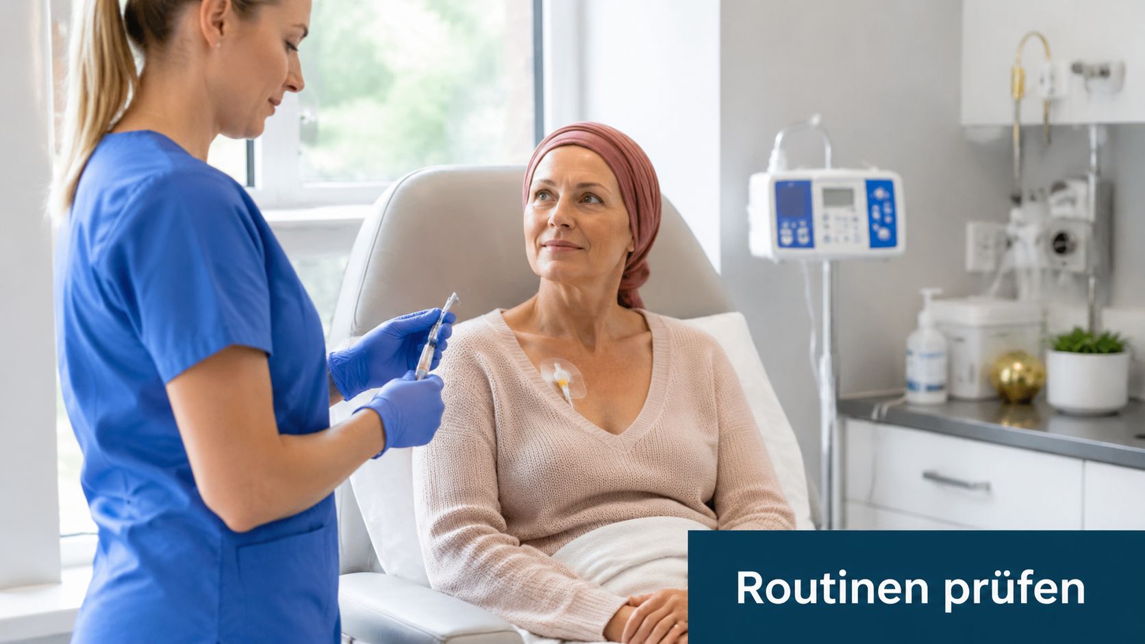 Eine medizinische Fachkraft bereitet eine Spritze vor, um den Portkatheter einer Patientin in einer Klinik zu spülen.