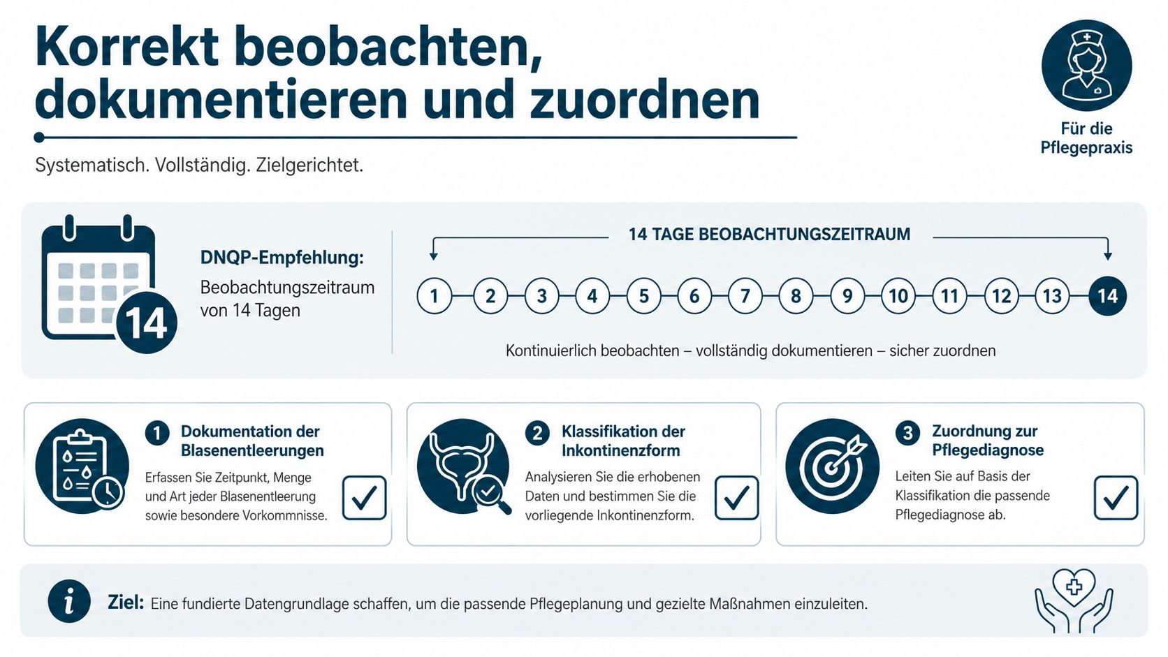 Infografik zum DNQP-Standard für die korrekte Beobachtung, Dokumentation und Zuordnung von Harninkontinenz in der professionellen Pflege.