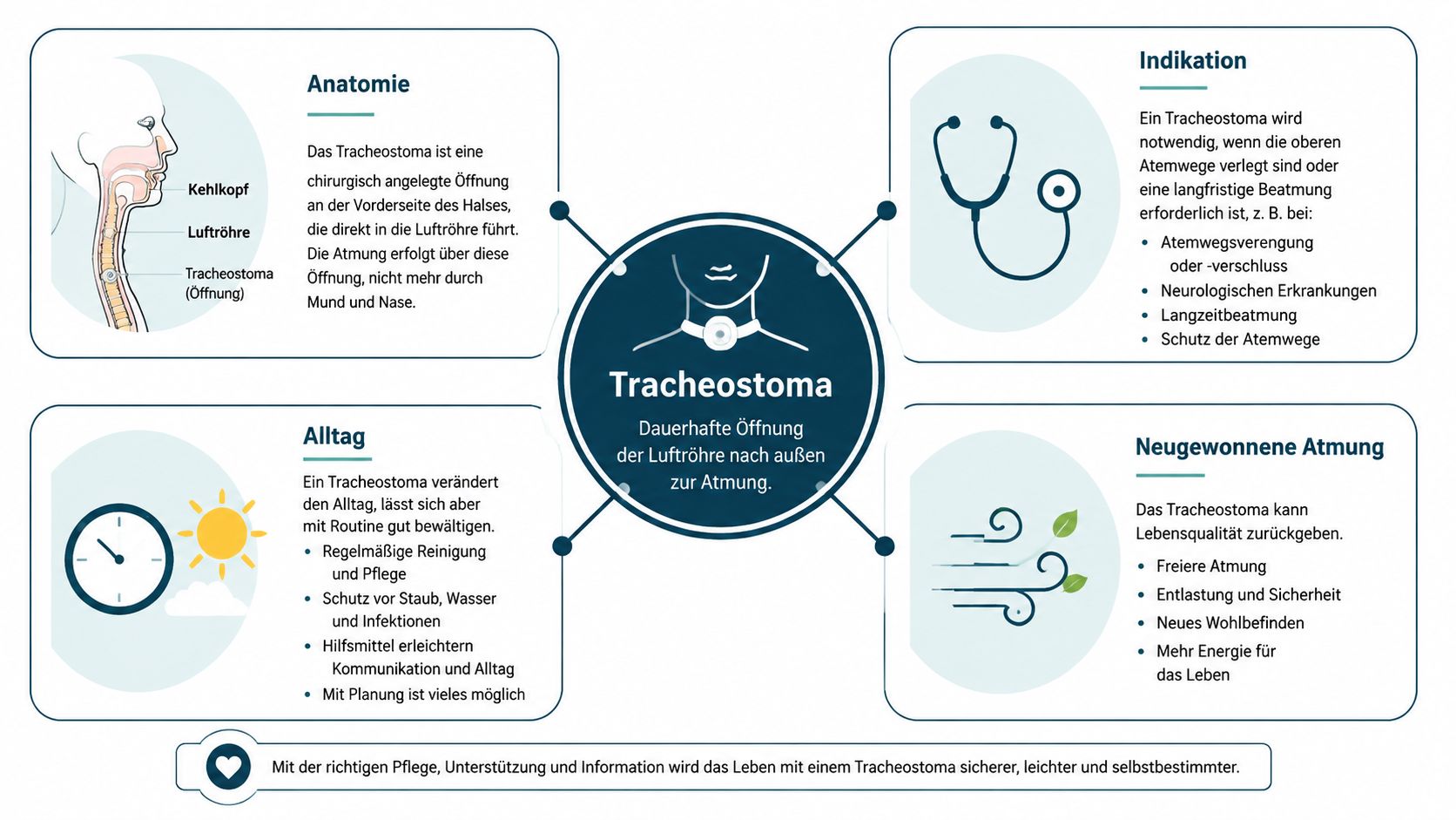 Eine Infografik erklärt die Grundlagen, Indikationen, den Alltag und die Vorteile eines Tracheostomas für Patienten.