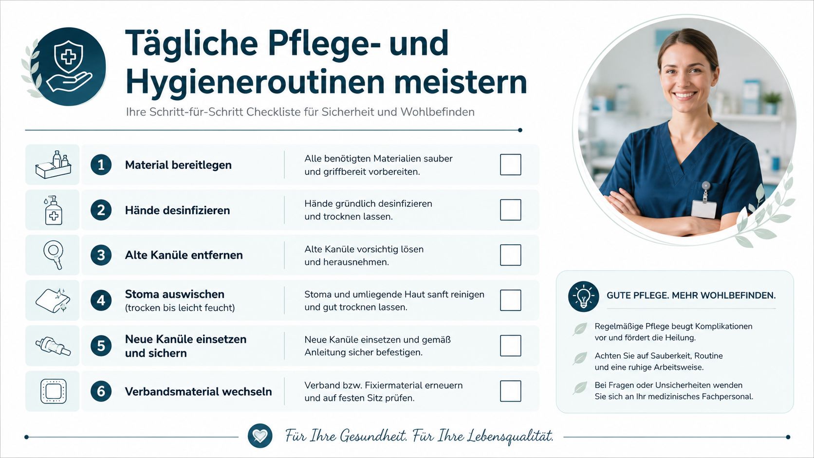 Eine Schritt-für-Schritt Checkliste für die tägliche Pflege und Hygiene bei der Versorgung eines Tracheostomas.