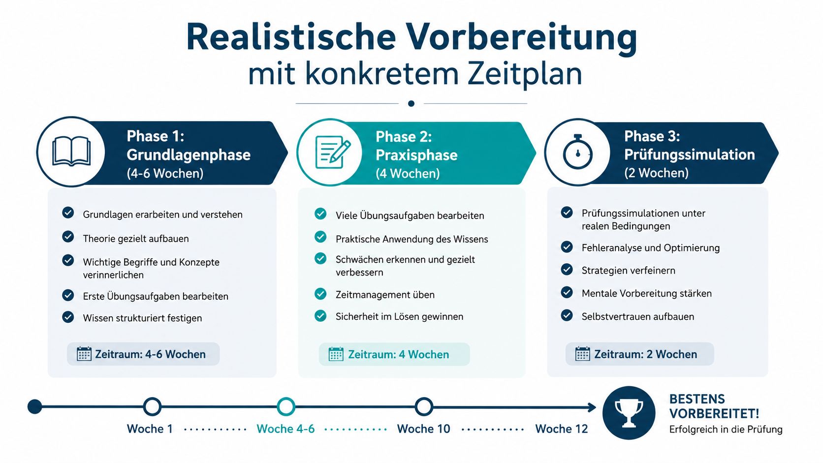 Eine Infografik mit einem dreiphasigen Zeitplan zur Vorbereitung auf medizinische Fachsprachprüfungen, unterteilt in Grundlagen, Praxis und Simulation.