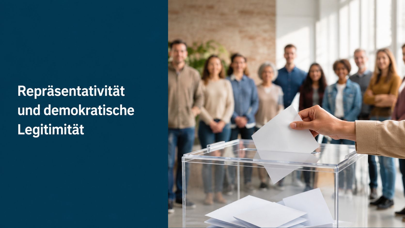 Eine Person wirft einen Wahlzettel in eine durchsichtige Wahlurne, während im Hintergrund eine vielfältige Gruppe von Menschen steht.