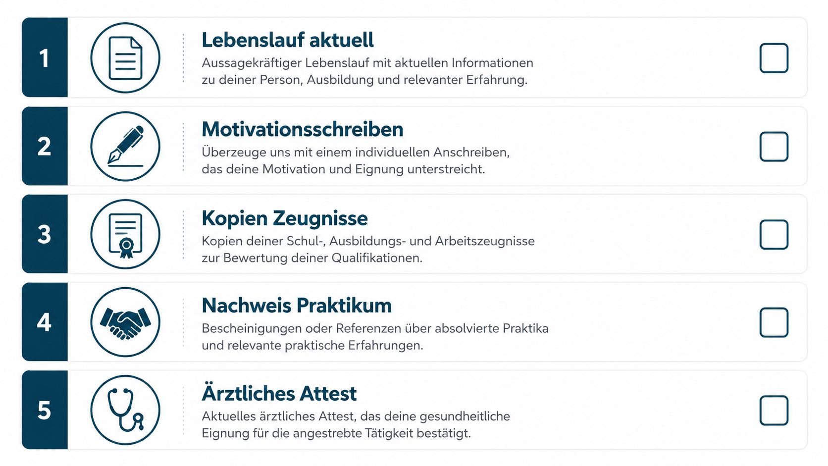 Checkliste mit fünf wichtigen Unterlagen für die Bewerbung zur Umschulung zur Pflegefachkraft in Deutschland.