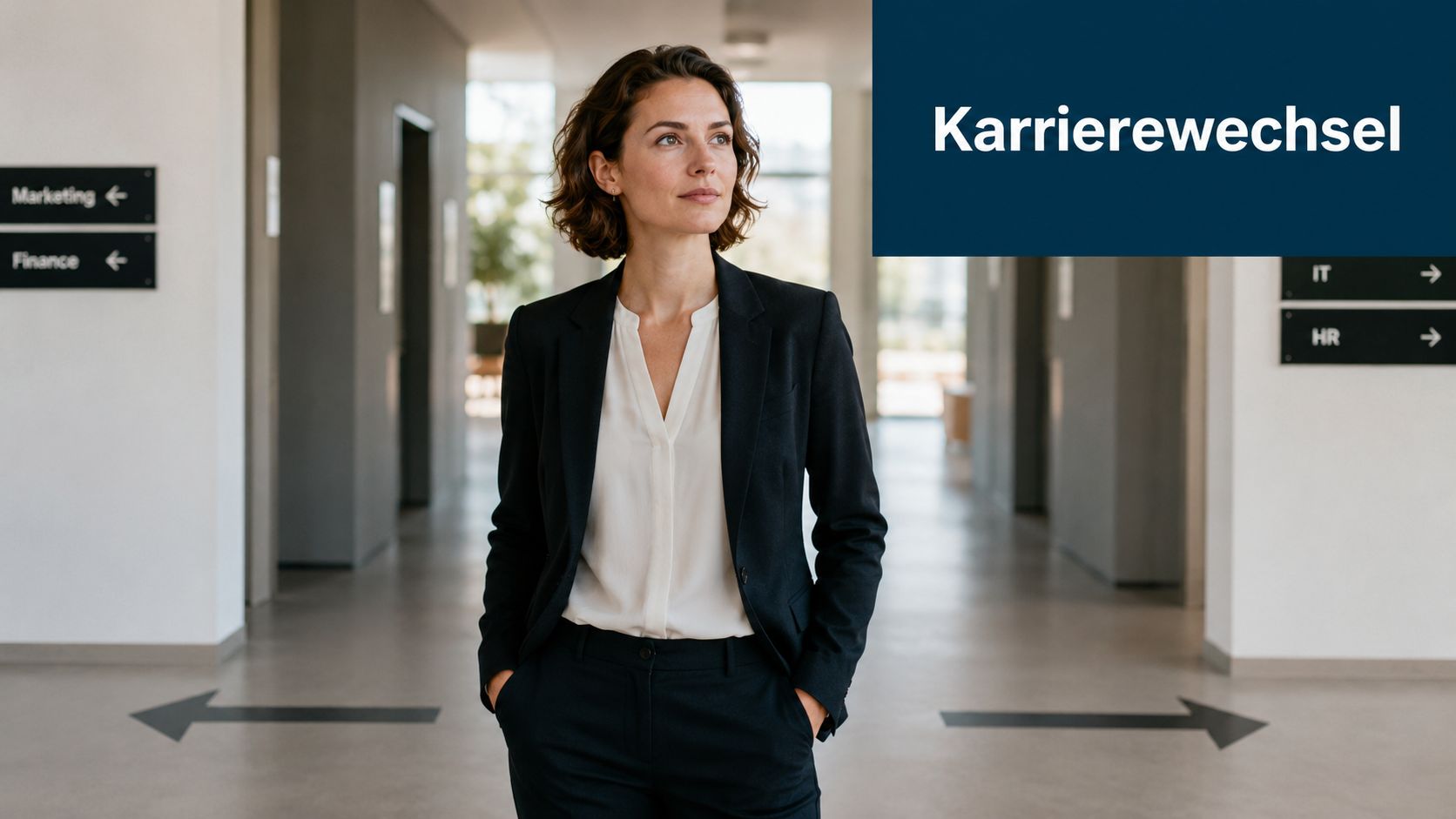 Eine professionelle Geschäftsfrau steht in einem modernen Büroflur und denkt über ihren beruflichen Karrierewechsel nach.