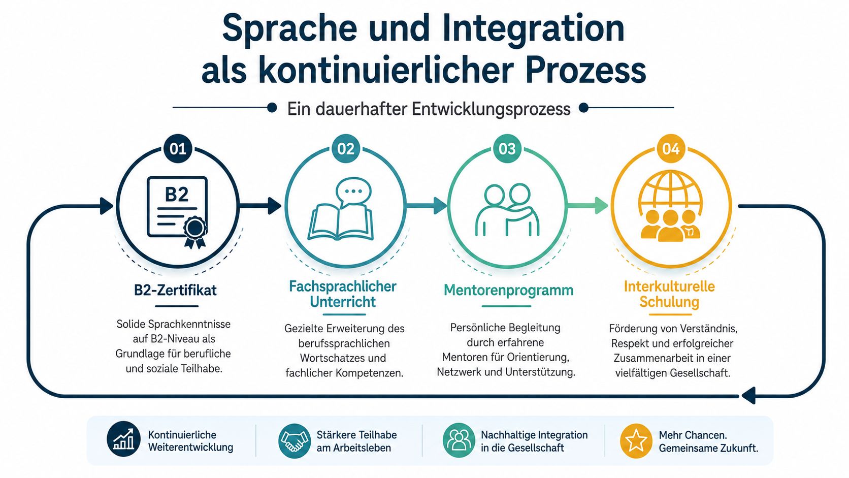 Eine Infografik zeigt den Prozess von Sprachkenntnissen, fachlicher Weiterbildung und Mentoring zur erfolgreichen Integration von Fachkräften.