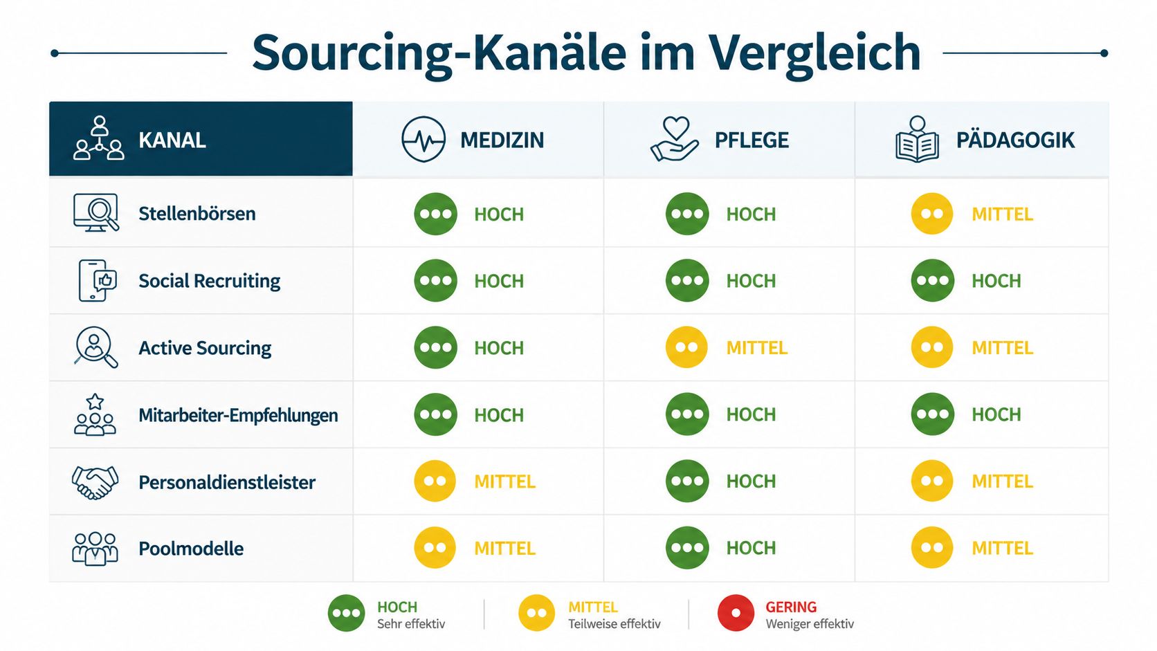 Vergleichstabelle verschiedener Sourcing-Kanäle für die Personalgewinnung in den Bereichen Medizin, Pflege und Pädagogik mit Wirksamkeitsbewertung.