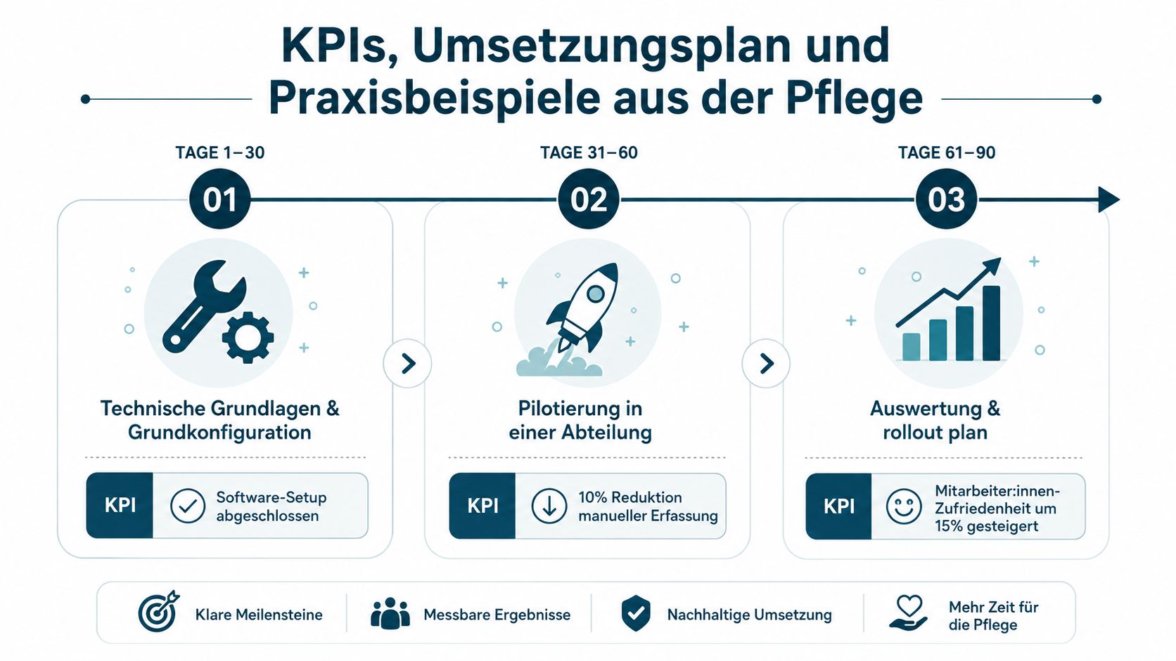 Ein Umsetzungsplan für die digitale Transformation in der Pflege mit drei Phasen und dazugehörigen Kennzahlen.