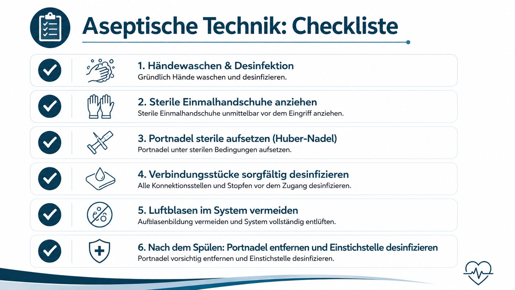 Eine Checkliste in deutscher Sprache für aseptische Techniken beim Umgang mit einem medizinischen Portkatheter im Krankenhaus.