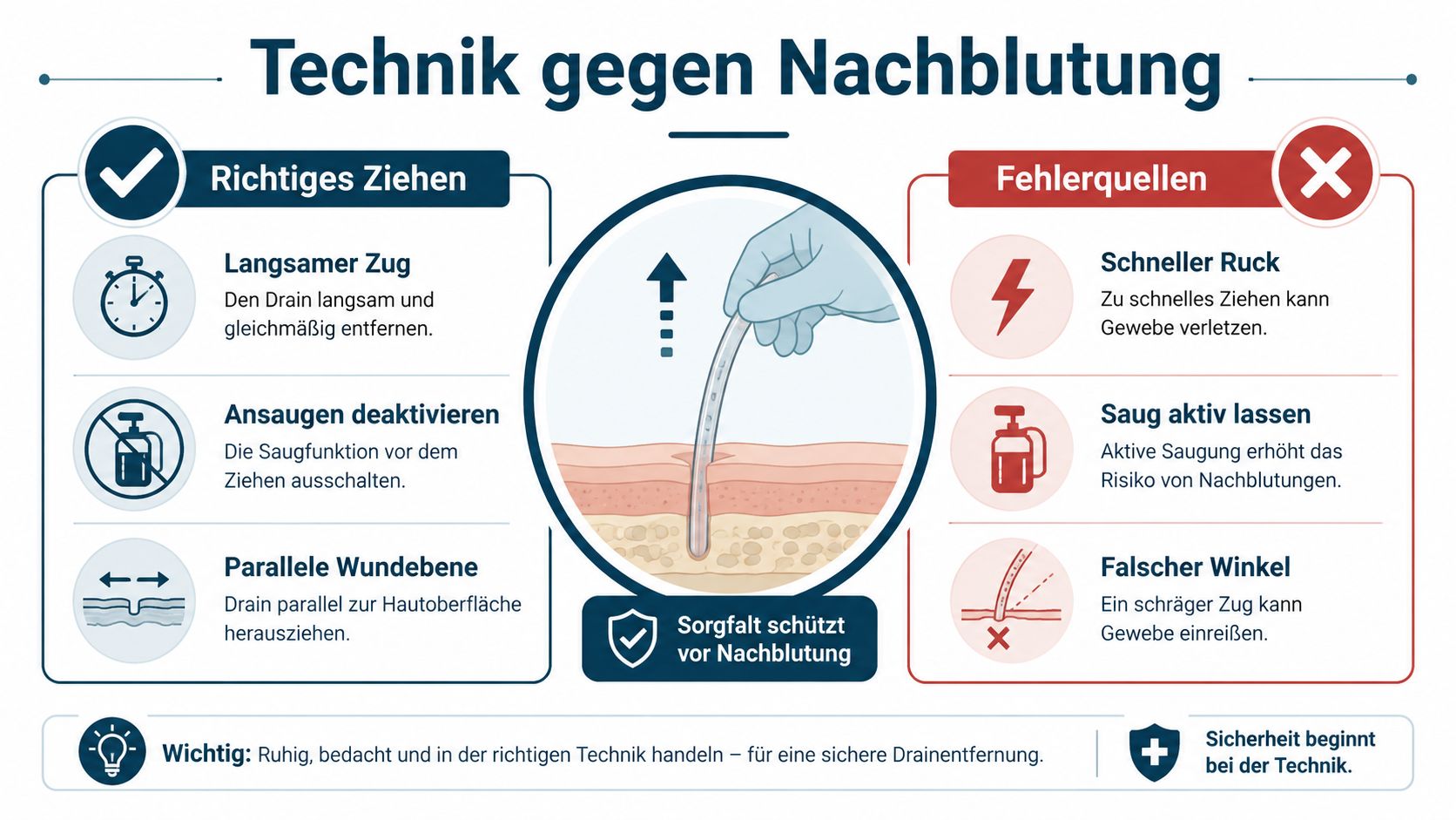 Eine Infografik zur richtigen Technik des Drainageziehens, um postoperative Nachblutungen sicher zu vermeiden und Komplikationen zu verhindern.